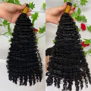 Alternative view of 3B 3C Camodian Hair  Kinky Curly Microlinks Human Hair Extensions Vrigin  Hair Weave Bundles I Tip Hair Extensions Bulk Natural Black Color