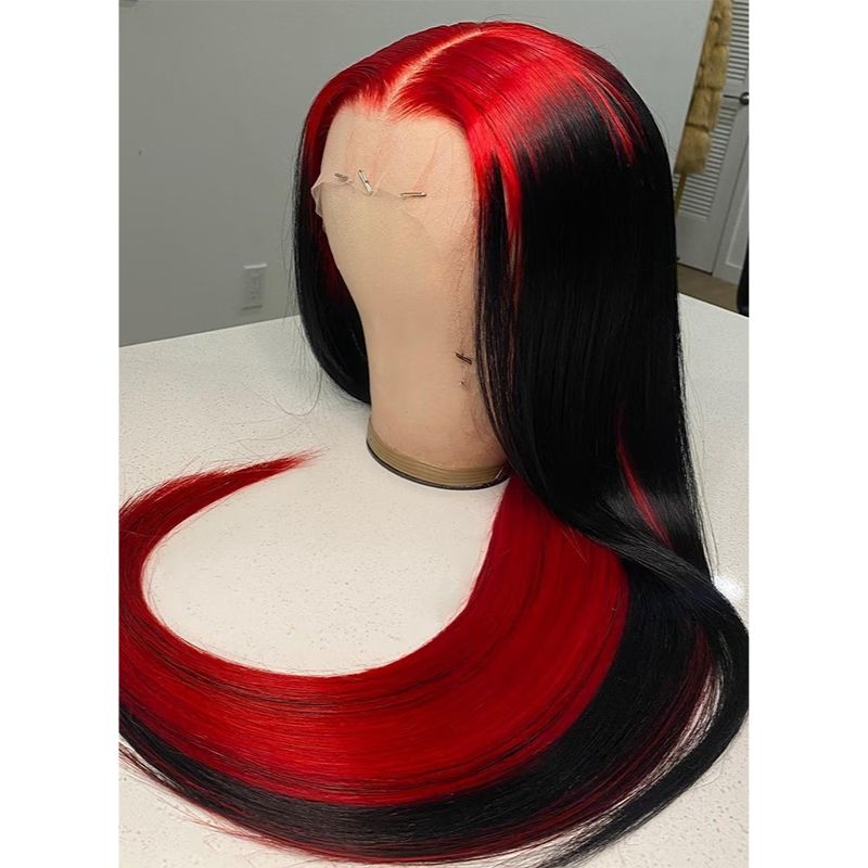 Ombre Lace Front Wig Demon Red & Black Two Tones Long Straight 13x4 Human Hair Lace Wig Colored Human Hair Wigs For Women 150% - Image 2