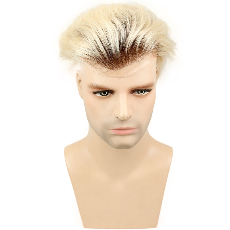 Toupee for Men with Transparent Swiss Lace with PU Around 10x8 Brazilian Human Hair Straight Hair Pieces for Men #60 Platinum Blonde