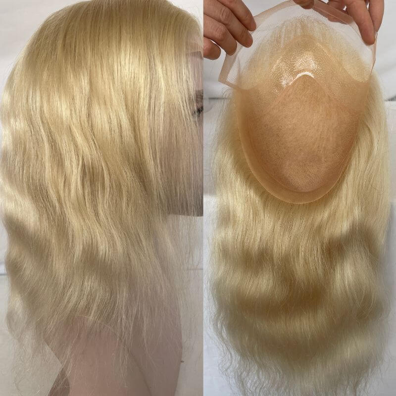 Silky Straight Wave 12 Inch Long Human Hair Toupee for Men 8x10 Hairpieces Human Hair Mens Toupee Mono Net with PU around Ombre Ash Blonde Color - Image 14