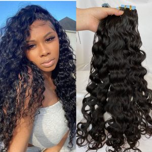 Tape in Hair Extensions Natural Color Real Human Hair Water Wave Hair Extensions Tape Seamless Glue in Skin Weft Hair Extensions for Women 40pcs
