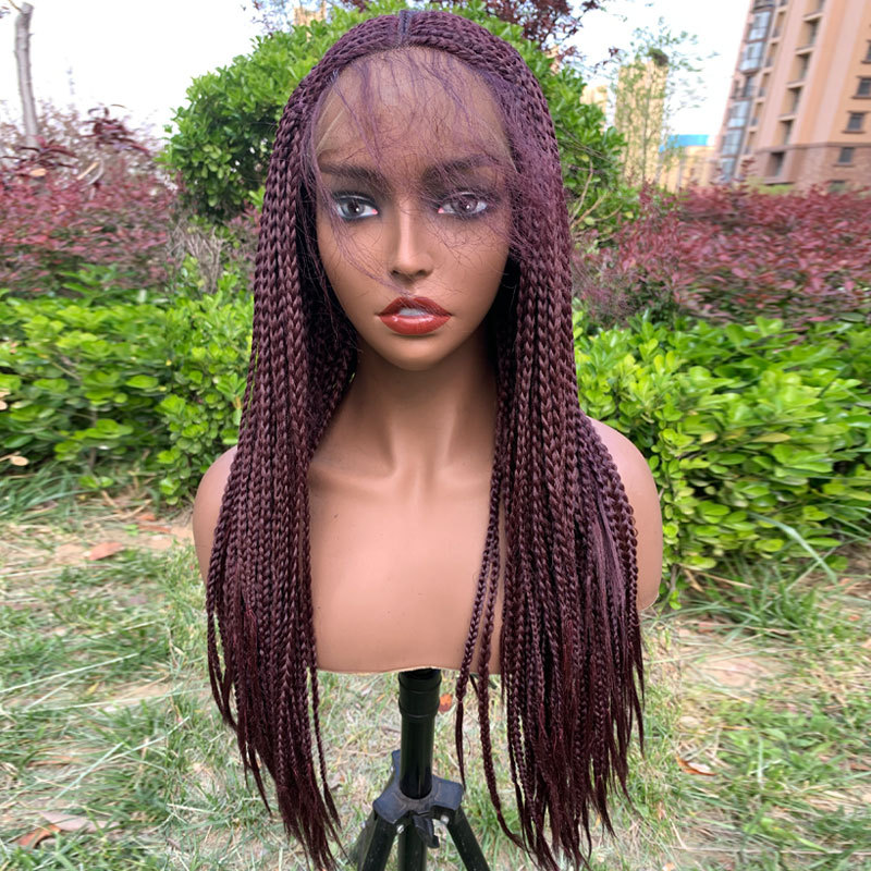 24 Inches 99J Red Wig Synthetic Braids Wigs 13X6 Lace Front Wig Middle Part Wig Parted Loc Braided Wigs With Curly Ends For Women