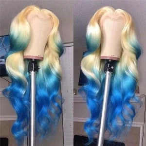 Alternative view of 150% Ombre Blonde Lace Front Wig Human Hair Body Wave Brazilian Blonde Blue Colored Wigs For Women Human Hair Wigs Pre Plucked
