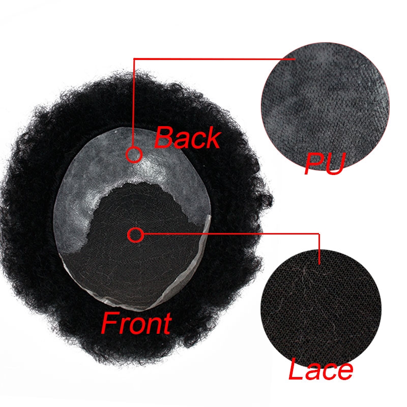 8x10 Human Hair Men's Toupee Afro Curl Lace Front With PU Back Color 1B - Image 2
