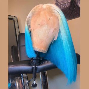 Peruvian Hair Blonde With Blue Ombre Color Lace Front Bob Wig