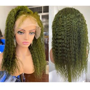Alternative view of Transparent Lace Dark Green Wig Deep Curly  Brazilian Hair Wigs For Women Wig Green Glueless Lace Front Human Hair Wigs