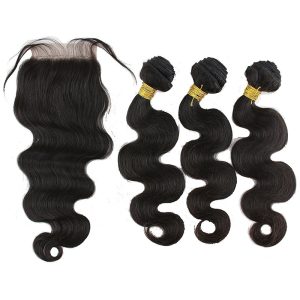Hair Free Part 1pc 4x4 Lace Closure with Virgin Brazilian Human Hair 3 Bundles Weaves Body Wave Natural Color - Image 2