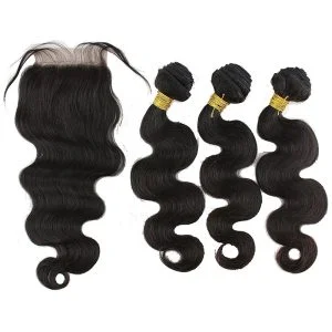 Alternative view of Hair Free Part 1pc 4x4 Lace Closure with Virgin Brazilian Human Hair 3 Bundles Weaves Body Wave Natural Color