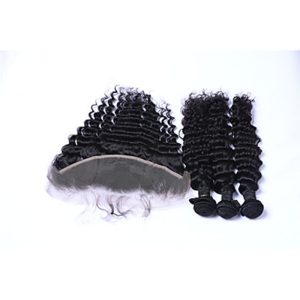 Alternative view of 3Bundles 300g Brazilian Remy Human Hair Deep Wave Human Hair Wefts with Free Part 13x4 Lace Frontal Closures