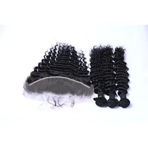 Alternative view of 3Bundles 300g Brazilian Remy Human Hair Deep Wave Human Hair Wefts with Free Part 13x4 Lace Frontal Closures