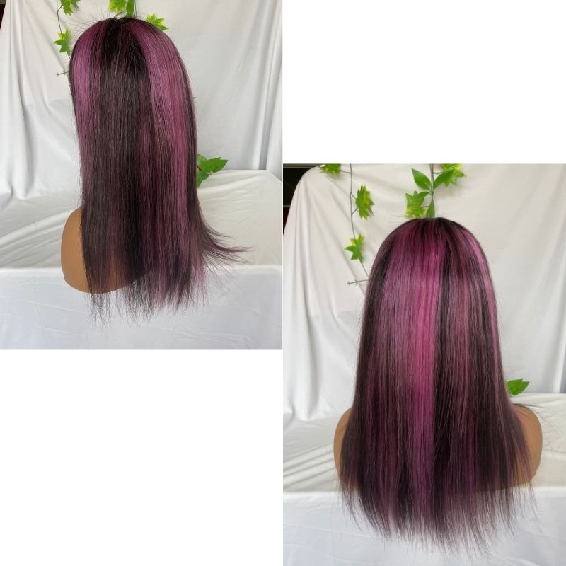 Purple and Natural Black Highlight Wig Pre Plucked Straight Lace Front Wig Brazilian Highlight Colored Human Hair Lace Front Wigs 150% Hair - Image 5