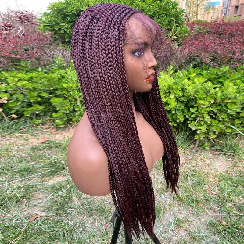 24 Inches 99J Red Wig Synthetic Braids Wigs 13X6 Lace Front Wig Middle Part Wig Parted Loc Braided Wigs With Curly Ends For Women - Image 4