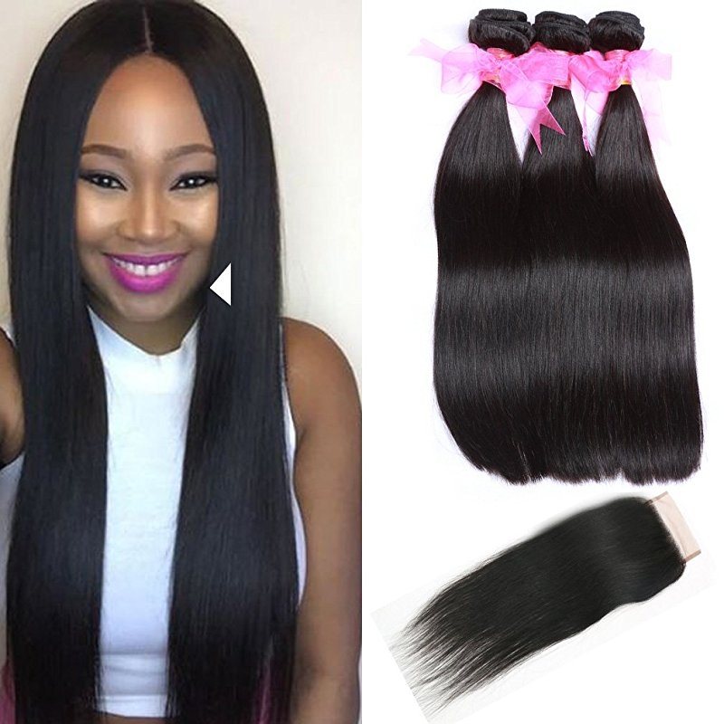 Straight Hair Bundles with Lace Closure Grade 9A Unprocessed Straight Peruvian Hair 3 Bundles and 4x4 Free Part Closures Natural Color