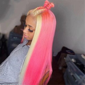 Ombre Light Pink and Blonde Wigs HD Lace Front Brazilian Human Hair Wig Highlight Wigs Skunk Stripe Wigs Pre Plucked Straight Glueless Wig 150% Density Medium Cap - Image 2