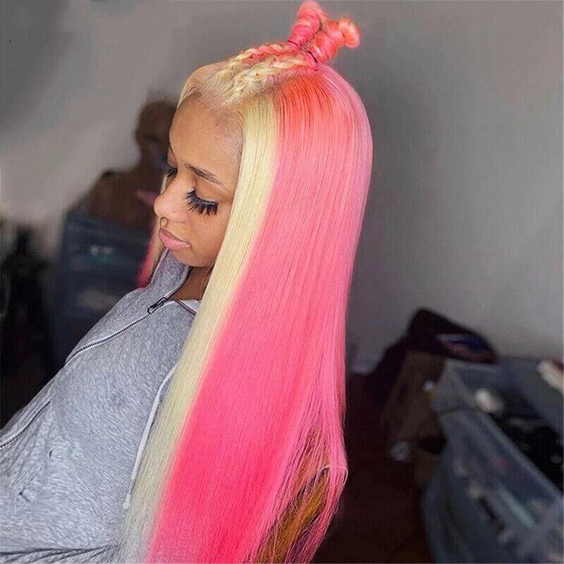 Ombre Light Pink and Blonde Wigs HD Lace Front Brazilian Human Hair Wig Highlight Wigs Skunk Stripe Wigs Pre Plucked Straight Glueless Wig 150% Density Medium Cap - Image 2