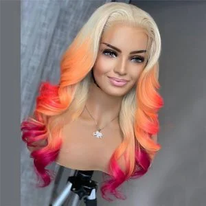 150% Density Pink Brown Red Glueless Colored Human Hair Wigs For Women Brazilian Body Wave Ombre Lace Front Wig Bleached Knots