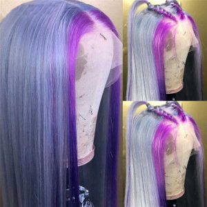Alternative view of Skunk Stripe Lace Wigs Straight Glueless Straight Lace Front Wig Purple Highlight Wig Preplucked Half Red Remy Brazilian Human Hair Wigs For Women