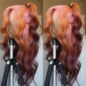 Pink and Brown Ombre Lace Front Wig Body Wave Pre Plucked Brazilian Remy Brown Human Hair Wig Highlight Colored Wigs Transparent Wig - Image 7