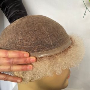 Men Toupee Human Hair Afro Curly Ombre #60 White Color Toupee for Men 8x10 inch Afro Curl Toupee for Black Men Full French Lace Hair System 360 Weave Men Toupee Hair System - Image 9