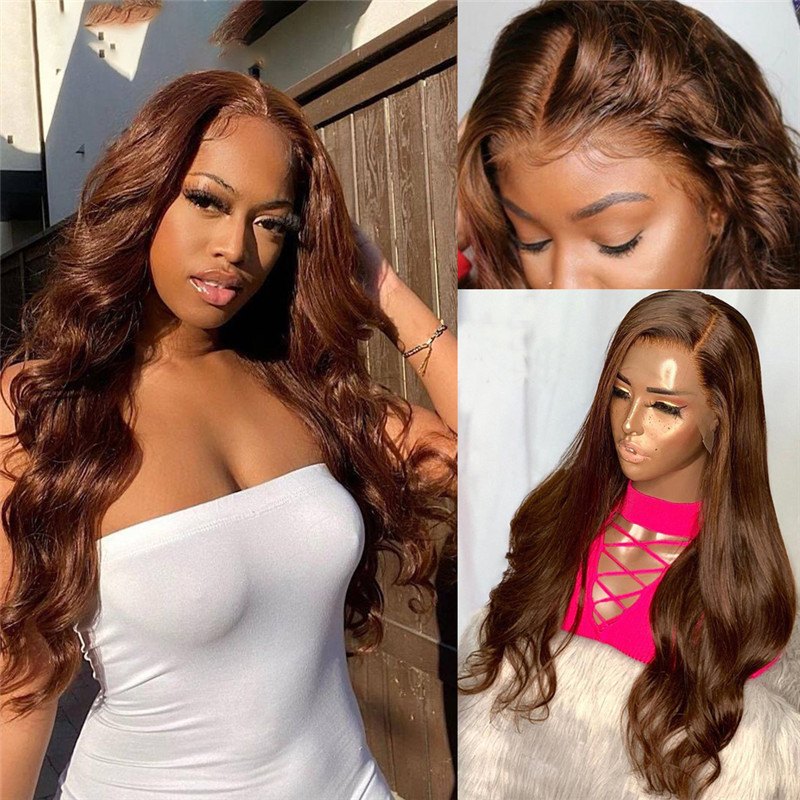 150% Density #4 Brown Colored Human Hair Wigs For Women Peruvian Remy Hair Body Wave Lace Front Wig 4x4 Closure Wig Pre Plucked - Image 5