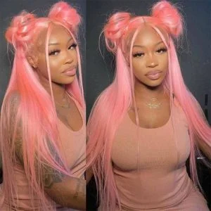 Ombre Pink Colored HD Lace Front Wigs Human Hair Wigs Silky Straight Brazilian Hair Pre Plucked Glueless Wig 180% Body Wave Medium Cap