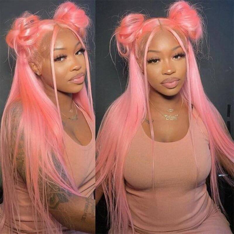 Ombre Pink Colored HD Lace Front Wigs Human Hair Wigs Silky Straight Brazilian Hair Pre Plucked Glueless Wig 180% Body Wave Medium Cap