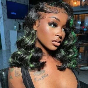 Green Ombre Hightlight HD Transparent Lace Peruvian Human Hair Black And Green Ombre Lace Front Wigs Wavy Black Wigs