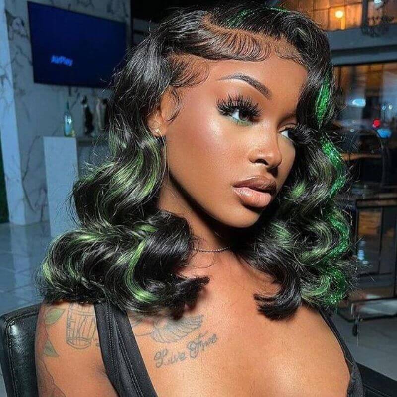 Green Ombre Hightlight HD Transparent Lace Peruvian Human Hair Black And Green Ombre Lace Front Wigs Wavy Black Wigs