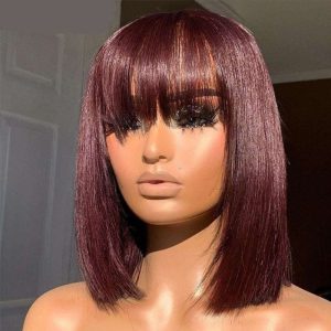 Bob Colored Human Hair Wigs For Women Brazilian Red 99J Bob Wig Lace Front Ombre Human Hair Wig Preplucked with Bangs - Image 2