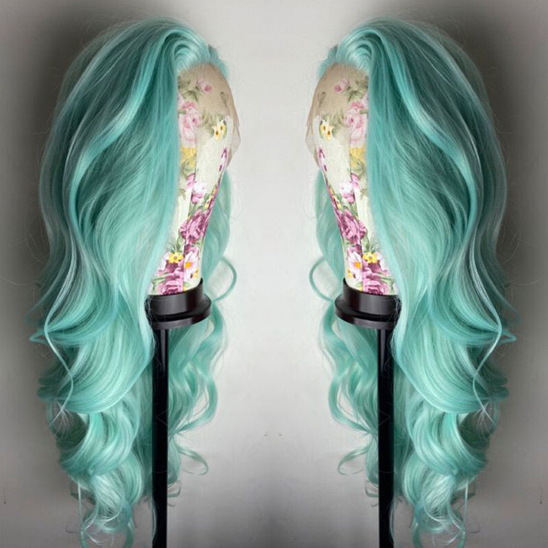 Transparent Lace Wigs Mint Green Colored Body Wave Human Hair Lace Wigs Brazilian Remy 28Inch Ombre Human Hair Wigs For Women - Image 4