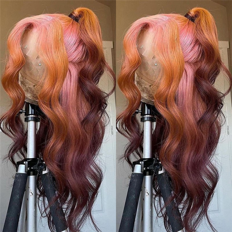 Body Wave Brown Pink Ombre Lace Front Wig Pre Plucked Brazilian Remy Brown Human Hair Wig Highlight Colored Wigs Transparent Wig - Image 5