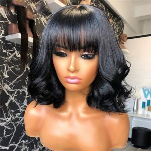 Short Bob 360 Lace Frontal Wig With Bangs Brazilian Wavy 360 Lace Wigs For Women 13x4 Bob Lace Front Human Hair Wigs With Bangs - Image 2