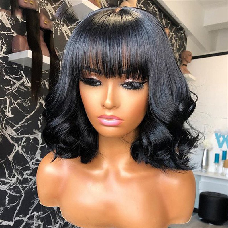Short Bob 360 Lace Frontal Wig With Bangs Brazilian Wavy 360 Lace Wigs For Women 13x4 Bob Lace Front Human Hair Wigs With Bangs - Image 2