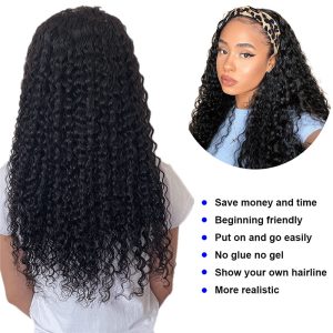 Headband Wigs Human Hair for Black Women Deep Wave Wig 14 Inch Brazilian Virgin Curly Human Hair Wig Glueless None Lace Front Headband Wig - Image 4