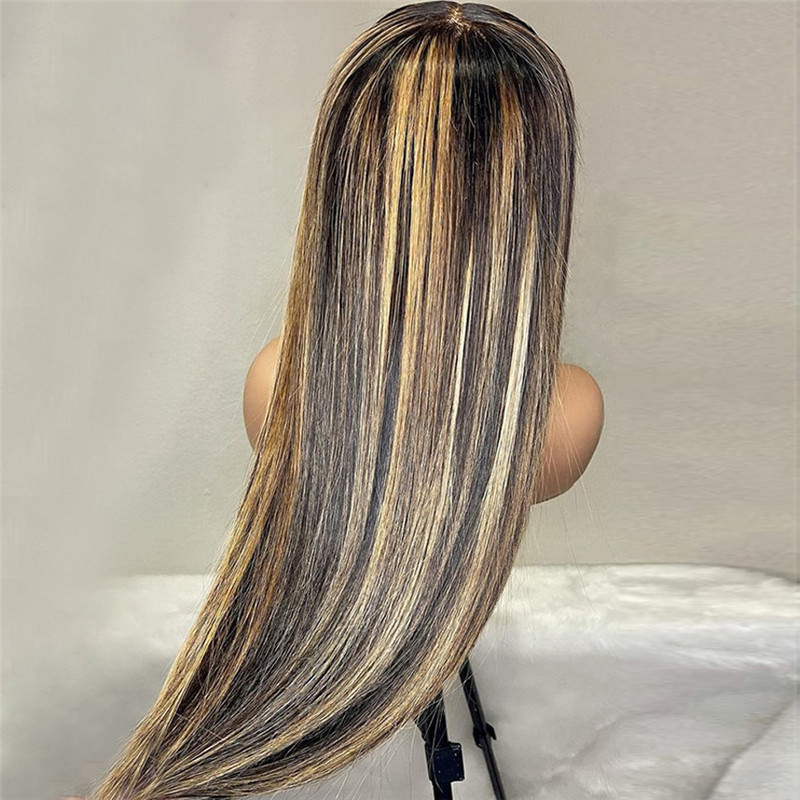 13x4 Straight Honey Blonde Highlighted Lace Frontal Wig With Bangs Brazilian 1B 27 Ombre Human Hair Wigs With Bangs Closure Wig - Image 2