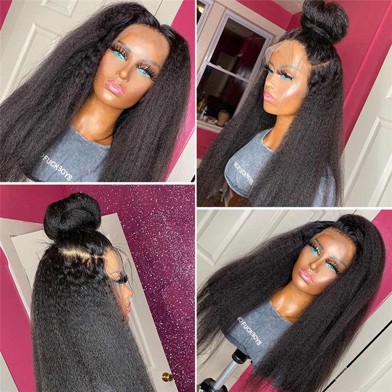 Kinky Straight 13x4 Lace Wig 150% Density Brazilian Remy Yaki Straight Human Hair Wigs For Women Pre Plucked Lace Front Wig - Image 5