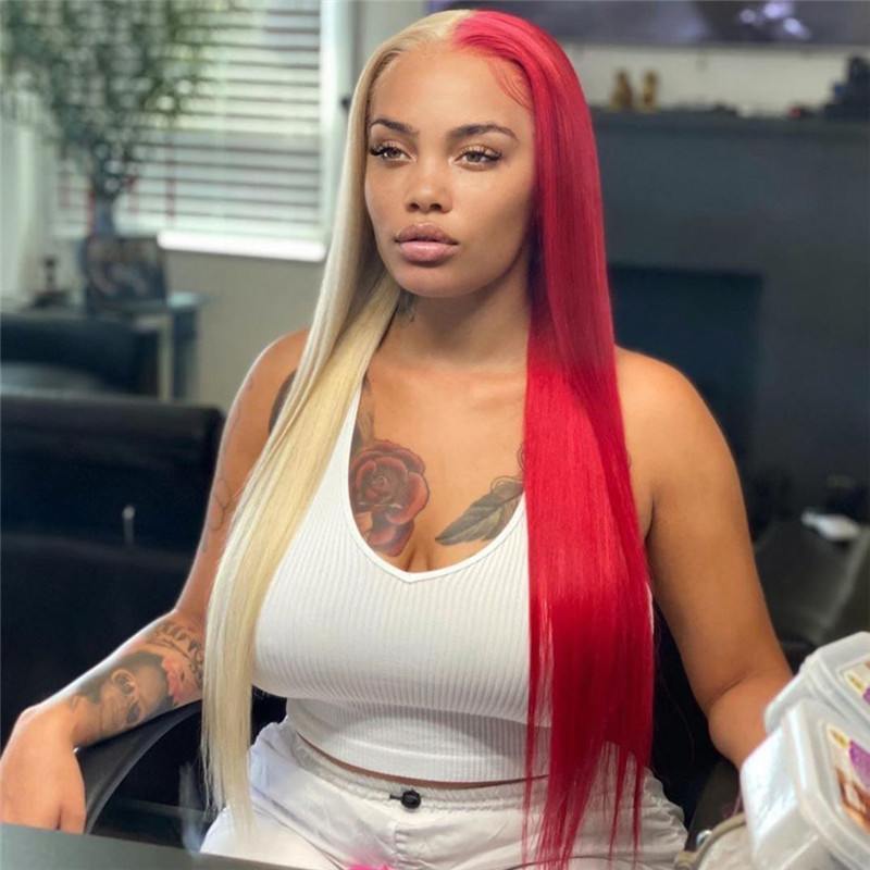 13x4 Straight Half Red half Black Lace Front Wig Brazilian 42inch Blonde Colored Human Hair Wigs Transparent Lace Frontal Wigs