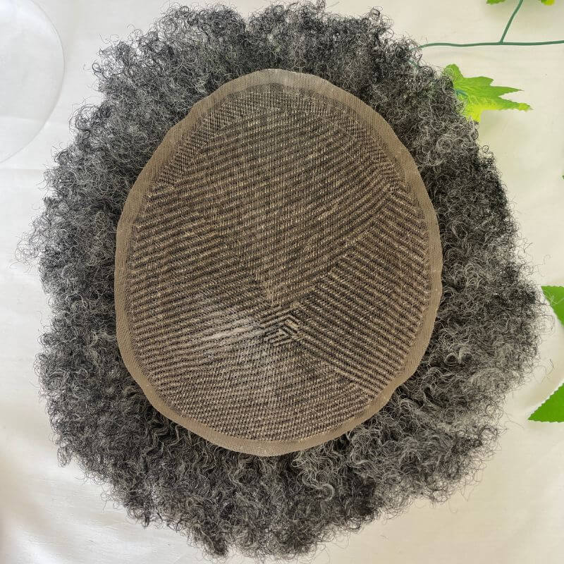 Men Toupee Human Hair Afro Curly 1B 50 Natural Black Mixed 50% Grey Toupee for Men 8x10 inch Afro Curl Toupee for Black Men Full French Lace Hair System 360 Weave Men Toupee Hair System