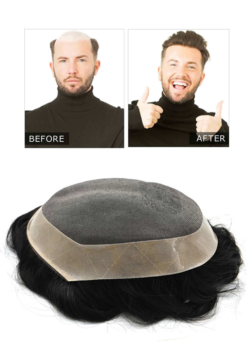 Pwigs Hairpiece Durable Fine Mono Mens Hair System Pu Around Easy Tape Attached 100% Human Hair Men'S Hair Replacement System - Image 4