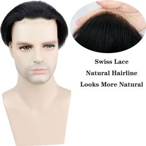 Men's Toupee Hairpieces 100%Virgin Human Hair Replacement System Hair Topper Pieces for Men French Lace Net with PU Base Size 4.33x6.69 inch 1B Black - Image 6