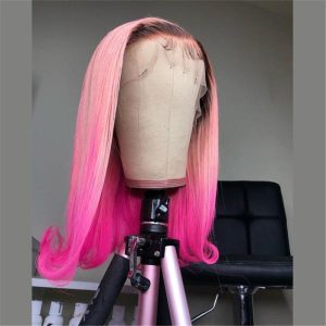 Human Hair Pink Ombre Color Dark Root Lace Front Bob Wig - Image 2