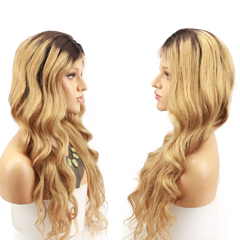 Ombre blonde #1B/27 Brazilian Wave Hair Full Lace Wigs Caps Dark root Lace front wig Bleached knot Pre plucked hairline - Image 6