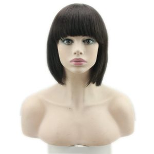 Human Hair Wigs With Bangs Short Bob Silk Straight Brazilian Human Hair Short Bob with Flat Bangs Machine Made Lace Wig for Women - Image 2