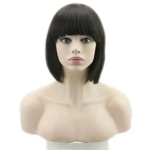 Human Hair Wigs With Bangs Short Bob Silk Straight Brazilian Human Hair Short Bob with Flat Bangs Machine Made Lace Wig for Women - Image 2