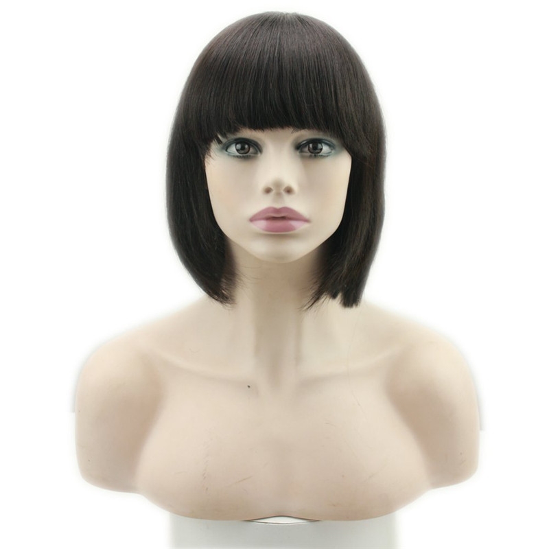Human Hair Wigs With Bangs Short Bob Silk Straight Brazilian Human Hair Short Bob with Flat Bangs Machine Made Lace Wig for Women - Image 2