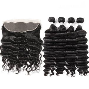 Alternative view of Brazilian Deep Wave Remy Hair Unprocessed Human Hair Bundles 3pcs with 13x4 Lace Frontal Closure Pre Plucked With Natural Baby Hair