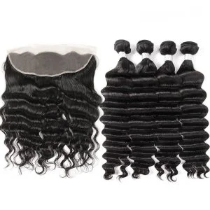 Alternative view of Brazilian Deep Wave Remy Hair Unprocessed Human Hair Bundles 3pcs with 13x4 Lace Frontal Closure Pre Plucked With Natural Baby Hair