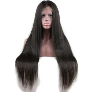 Alternative view of Glueless Full Lace Wig Silk Straight Brazilian Remy Human Hair Free Part Natural Hairline for Black Women Natural Color 24 inch