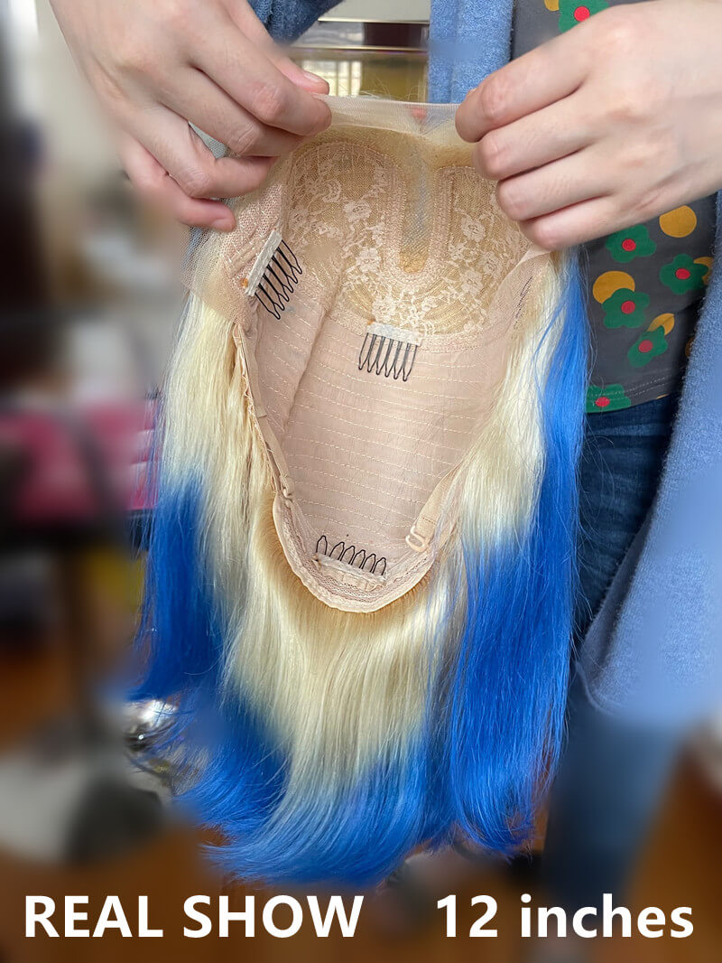 Peruvian Hair Blonde With Blue Ombre Color Lace Front Bob Wig - Image 4