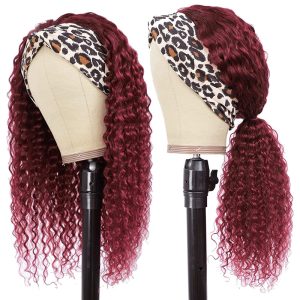 Highlights Headband Wig Human Hair Curly None Lace Front Wigs Deep Wave Natural Human Hair Wig Headband Attached Balayage Black with Auburn Highlights - Image 3